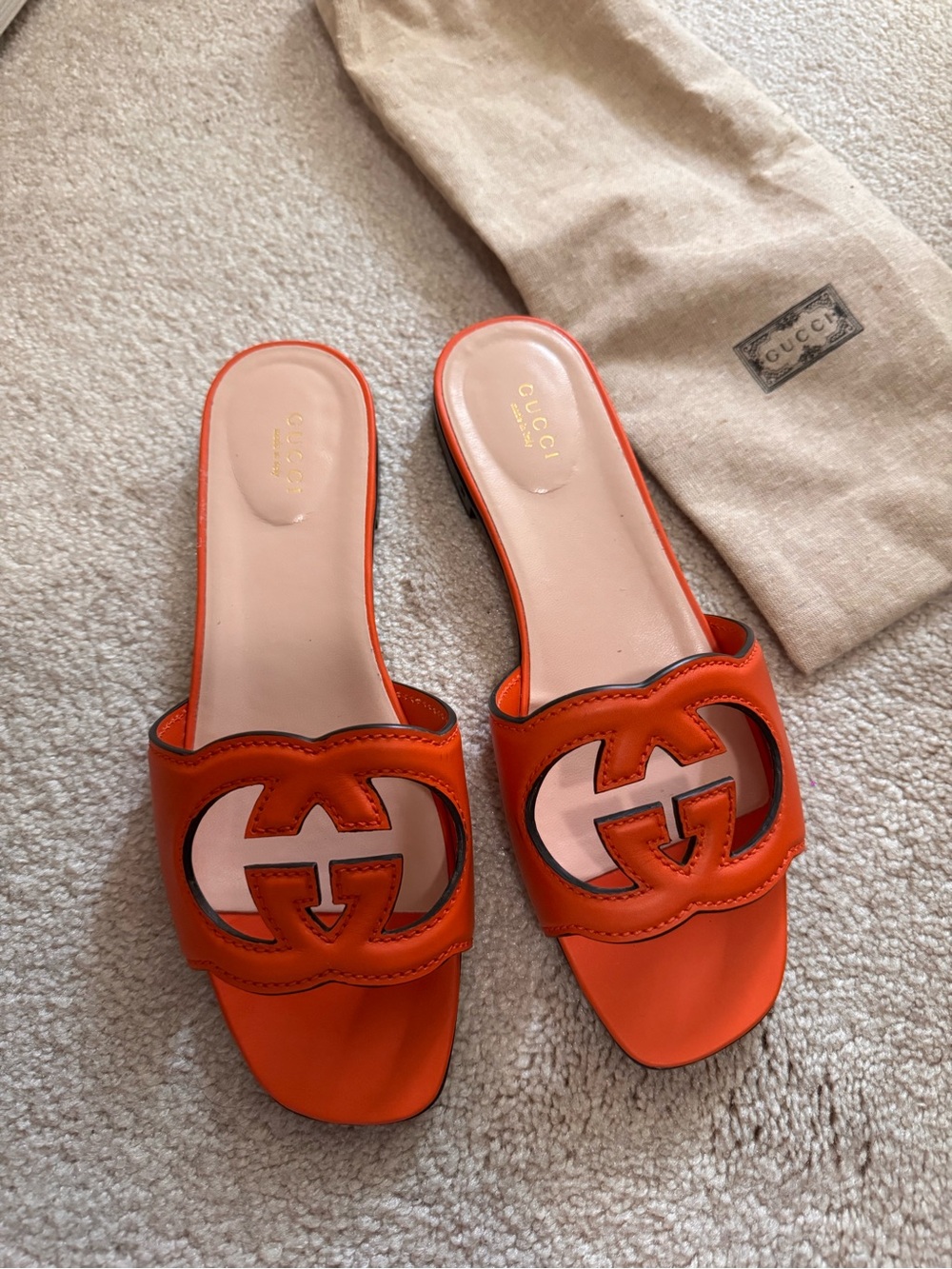 Gucci Orange Leather GG Logo Slide Sandals